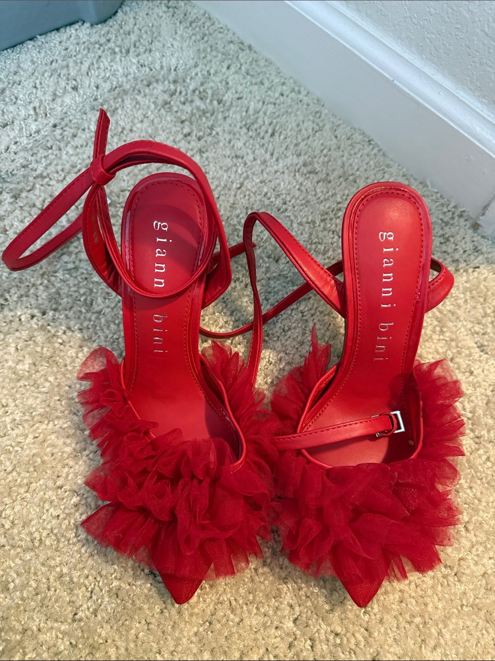 Gianni Bini Red Tulle Ruffle Ankle-Strap Heels Size 6.5